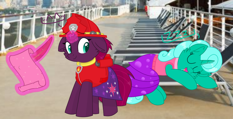 Size: 2119x1080 | Tagged: safe, artist:rainbow eevee edits, artist:徐詩珮, derpibooru import, fizzlepop berrytwist, glitter drops, tempest shadow, unicorn, series:sprglitemplight diary, series:sprglitemplight life jacket days, series:springshadowdrops diary, series:springshadowdrops life jacket days, alternate universe, broken horn, clothes, cute, female, glitterbetes, glittershadow, horn, lesbian, looking at you, nap, onomatopoeia, paw patrol, shipping, sleeping, sound effects, swimsuit, tempestbetes, zzz