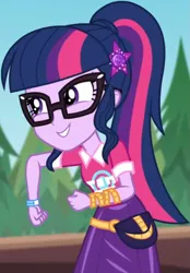 Size: 571x821 | Tagged: safe, derpibooru import, screencap, sci-twi, twilight sparkle, equestria girls, equestria girls series, sunset's backstage pass!, spoiler:eqg series (season 2), clothes, collar, cropped, cute, female, forest, forest background, geode of telekinesis, glasses, hairclip, lidded eyes, logo, magical geodes, music festival outfit, ponytail, pouch, shirt, short sleeves, skirt, smiling, wrist wraps