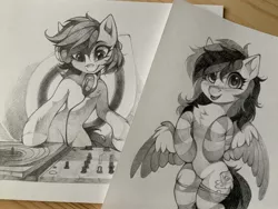 Size: 2048x1536 | Tagged: safe, artist:share dast, derpibooru import, oc, oc:bead trail, oc:black ice, unofficial characters only, earth pony, pegasus, pony, chest fluff, clothes, headphones, monochrome, photo, socks, striped socks, tongue out, traditional art, turntable