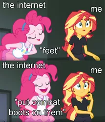 Size: 834x972 | Tagged: safe, derpibooru import, edit, edited screencap, editor:shyinka, screencap, pinkie pie, sunset shimmer, human, all the world's off stage, equestria girls, equestria girls series, approval, boots, choose your own ending (season 1), clothes, combat boots, comic, exploitable meme, feet, fetish, foot fetish, internet, meme, not sure if want, pinkie being pinkie, screencap comic, shoes, the internet, want