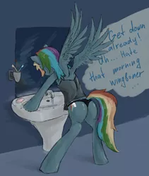 Size: 1600x1900 | Tagged: artist:univertaz, bipedal, black underwear, butt, camisole, clothes, derpibooru import, mirror, morning, morning ponies, morning wing, panties, pegasus, plot, rainbow dash, semi-anthro, sink, solo, spread wings, suggestive, text, thong, underwear, wingboner, wings