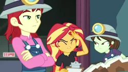 Size: 1920x1080 | Tagged: safe, derpibooru import, screencap, nolan north, sophisticata, sunset shimmer, all the world's off stage, equestria girls, equestria girls series, clipboard, clothes, director shimmer, ear piercing, earring, exasperated face, eyes closed, facepalm, female, frustrated, helmet, jewelry, male, mining helmet, overalls, piercing, school play, sunset shimmer is not amused, unamused