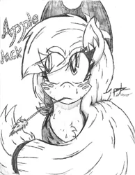 Size: 1024x1320 | Tagged: safe, artist:petanoprime, derpibooru import, earth pony, pony, bust, chest fluff, eye clipping through hair, female, freckles, grayscale, hat, mare, monochrome, signature, solo, straw in mouth, text, traditional art