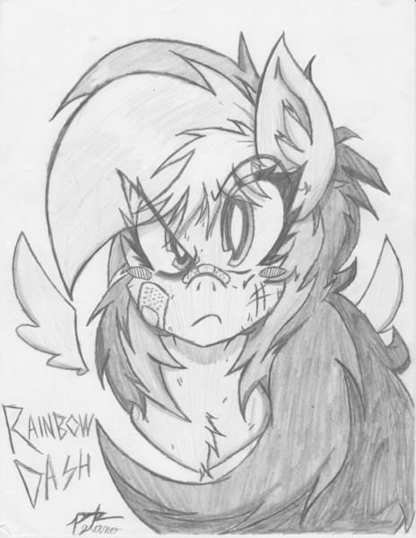 Size: 2550x3300 | Tagged: safe, artist:petanoprime, derpibooru import, rainbow dash, pegasus, pony, bandage, bust, chest fluff, eye clipping through hair, female, floating wings, frown, grayscale, injured, mare, monochrome, signature, solo, text, traditional art, wings