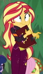 Size: 572x979 | Tagged: safe, derpibooru import, screencap, applejack, fluttershy, sci-twi, sunset shimmer, twilight sparkle, equestria girls, equestria girls series, sunset's backstage pass!, spoiler:eqg series (season 2), cropped, music festival outfit