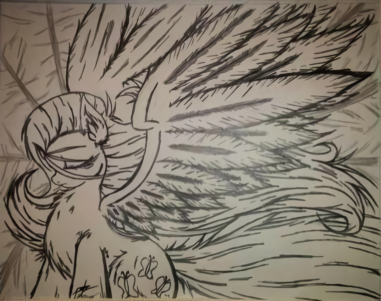 Size: 868x684 | Tagged: safe, artist:petanoprime, derpibooru import, fluttershy, pegasus, pony, chest fluff, eyes closed, female, grayscale, mare, monochrome, signature, solo, spread wings, traditional art, wings