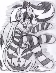 Size: 516x670 | Tagged: safe, artist:petanoprime, derpibooru import, oc, oc:pumpkin prime, unofficial characters only, pegasus, pony, clothes, freckles, grayscale, grin, halloween, holiday, jack-o-lantern, mask, monochrome, pegasus oc, pumpkin, signature, sitting, smiling, socks, solo, striped socks, text, traditional art, wings