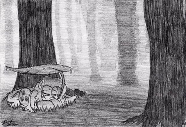 Size: 640x438 | Tagged: safe, artist:petanoprime, derpibooru import, fluttershy, pegasus, pony, female, forest, grayscale, leaf umbrella, lilypad, mare, monochrome, outdoors, prone, rain, signature, solo, stray strand, traditional art, tree