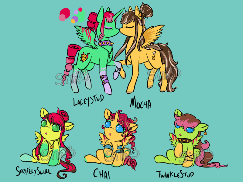 Size: 1600x1200 | Tagged: safe, artist:lavvythejackalope, derpibooru import, oc, oc:chai, oc:mocha sweet, unofficial characters only, alicorn, pegasus, pony, :o, alicorn oc, baby, baby pony, collar, colored hooves, ear piercing, earring, eyes closed, hair bun, horn, jewelry, necklace, open mouth, pegasus oc, piercing, raised hoof, reference sheet, sitting, spiked collar, underhoof, wings, wristband