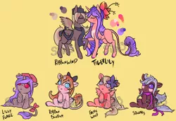 Size: 1900x1300 | Tagged: safe, artist:lavvythejackalope, derpibooru import, oc, oc:lilyflare, oc:ribbon blossom, oc:ribbon wind, oc:squeaks, oc:tigerlily, unofficial characters only, pony, :o, baby, baby pony, blush sticker, blushing, bow, cap, clothes, colored hooves, female, filly, flower, flower in hair, hair bow, hat, leonine tail, open mouth, raised hoof, reference sheet, scarf, simple background, sitting, underhoof