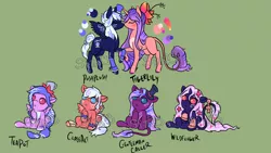 Size: 2300x1300 | Tagged: safe, artist:lavvythejackalope, derpibooru import, oc, oc:class act, oc:gentleman caller, oc:posh plush, oc:teapot, oc:tiger lily, oc:wildflower, unofficial characters only, pony, unicorn, :o, baby, baby pony, blush sticker, blushing, bow, colored hooves, cuffs (clothes), eyes closed, flower, flower in hair, hat, horn, leonine tail, open mouth, raised hoof, reference sheet, simple background, sitting, tail bow, tattoo, top hat, underhoof, unicorn oc