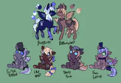 Size: 1900x1300 | Tagged: safe, artist:lavvythejackalope, derpibooru import, oc, oc:fancy feather, oc:lacy wind, oc:posh plush, oc:ribbon wind, unofficial characters only, pegasus, pony, :o, baby, baby pony, bow, clothes, hair bow, hat, open mouth, pegasus oc, raised hoof, reference sheet, scarf, simple background, sitting, tail bow, tattoo, top hat, underhoof, wings