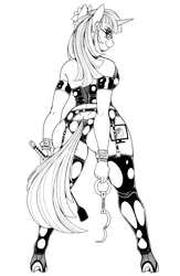 Size: 3173x4866 | Tagged: suggestive, artist:longinius, derpibooru import, oc, oc:lemon code, unofficial characters only, anthro, unguligrade anthro, unicorn, anthro oc, bedroom eyes, black and white, blushing, clothes, corset, dominatrix, ear piercing, earring, female, fishnets, flower, flower in hair, garter belt, glasses, grayscale, hand cuffs, jewelry, latex, lingerie, looking at you, looking back, looking back at you, mare, monochrome, piercing, rear view, riding crop, simple background, solo, solo female, white background, wide hips