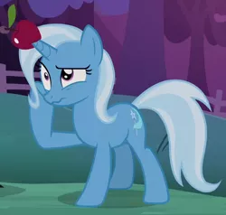 Size: 558x531 | Tagged: apple, cropped, derpibooru import, food, horn, horn impalement, safe, screencap, solo, trixie, uncommon bond, wavy mouth