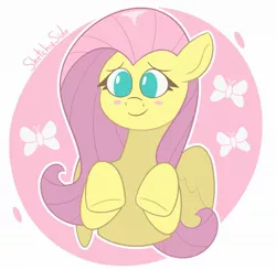 Size: 2048x2005 | Tagged: safe, artist:thesketchyside, derpibooru import, fluttershy, butterfly, pegasus, pony, abstract background, blush sticker, blushing, bust, circle background, cute, female, high res, mare, no pupils, shyabetes, smiling, solo