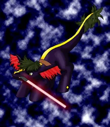 Size: 1871x2153 | Tagged: safe, artist:chili19, derpibooru import, oc, unofficial characters only, earth pony, pony, abstract background, crossover, earth pony oc, leonine tail, lightsaber, male, mouth hold, solo, stallion, star wars, weapon