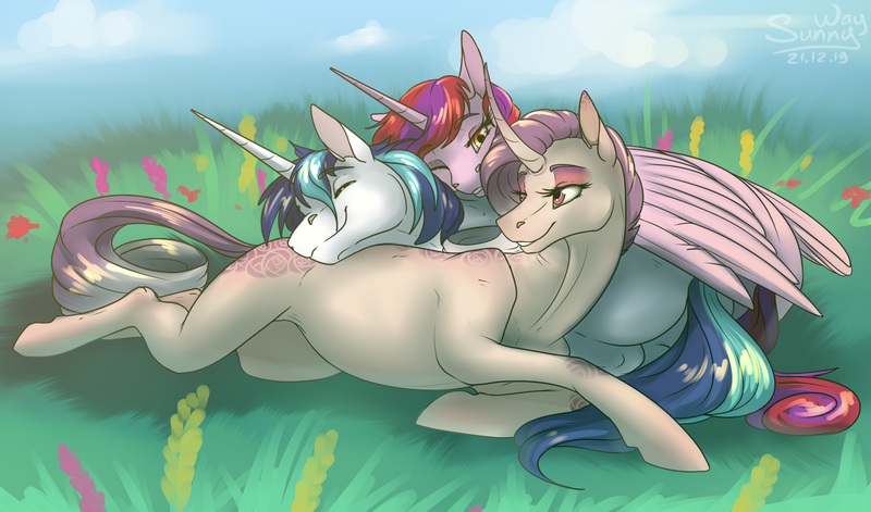 Size: 1401x824 | Tagged: safe, artist:sunny way, derpibooru import, princess cadance, shining armor, oc, oc:bleeding heart, oc:sumac spirit, alicorn, pony, unicorn, cuddle puddle, cuddling, cute, cutedance, feather, female, grass, horn, male, mare, nightmare cadance, nightmarified, open mouth, patreon, patreon reward, pile, pony pile, shining adorable, smiley face, smiling, stallion, sunny, wings