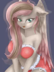 Size: 1280x1701 | Tagged: suggestive, artist:ekkosan, derpibooru import, oc, oc:lila kastelvam, ponified, unofficial characters only, anthro, cake pony, food pony, original species, pegasus, pony, bra, breasts, christmas, clothes, cute, female, food, holiday, kneeling, looking at you, nudity, simple background, solo, solo female, underwear, wings