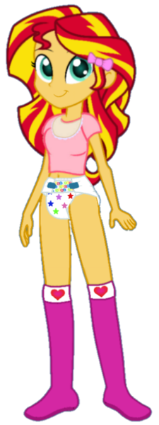 Size: 308x820 | Tagged: artist needed, source needed, suggestive, alternate version, derpibooru import, sunset shimmer, equestria girls, abdl, bib, bow, breasts, clothes, cute, diaper, diaper fetish, fetish, shirt, simple background, smiling, socks, solo, transparent background