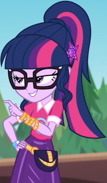 Size: 513x880 | Tagged: safe, derpibooru import, screencap, sci-twi, twilight sparkle, equestria girls, equestria girls series, sunset's backstage pass!, spoiler:eqg series (season 2), clothes, collar, cropped, cute, female, forest, forest background, geode of telekinesis, glasses, hairclip, lidded eyes, logo, magical geodes, music festival outfit, pointing, ponytail, pouch, shirt, short sleeves, skirt, smiling, twiabetes, wrist wraps