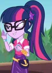 Size: 591x818 | Tagged: safe, derpibooru import, screencap, sci-twi, twilight sparkle, equestria girls, equestria girls series, sunset's backstage pass!, spoiler:eqg series (season 2), clothes, collar, cropped, cute, female, forest, forest background, geode of telekinesis, glasses, hairclip, lidded eyes, logo, magical geodes, music festival outfit, ponytail, pouch, shirt, short sleeves, skirt, smiling, twiabetes, wrist wraps