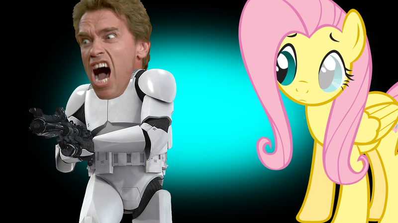 Size: 1280x720 | Tagged: safe, artist:didun850, derpibooru import, fluttershy, human, pegasus, pony, arnold schwarzenegger, crossover, female, gradient background, gun, mare, open mouth, star wars, stormtrooper, weapon