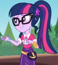 Size: 715x800 | Tagged: safe, derpibooru import, screencap, sci-twi, twilight sparkle, equestria girls, equestria girls series, sunset's backstage pass!, spoiler:eqg series (season 2), clothes, collar, cropped, cute, female, forest, forest background, geode of telekinesis, glasses, hairclip, lidded eyes, logo, magical geodes, music festival outfit, ponytail, pouch, shirt, short sleeves, skirt, smiling, twiabetes, wrist wraps