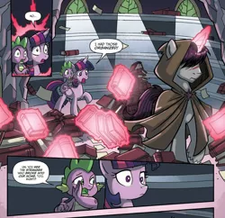 Size: 1262x1222 | Tagged: safe, artist:tonyfleecs, derpibooru import, idw, shadow lock, spike, twilight sparkle, twilight sparkle (alicorn), alicorn, dragon, pony, unicorn, from the shadows, spoiler:comic, spoiler:comic51, book, cloak, clothes, comic, covered eyes, cropped, female, hood, library, magic, magic aura, male, mare, official comic, priorities, skewed priorities, speech bubble, stallion, telekinesis, that pony sure does love books, twilight's castle, twilight's castle library