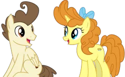 Size: 5563x3435 | Tagged: safe, artist:sketchmcreations, derpibooru import, pound cake, pumpkin cake, pegasus, pony, unicorn, the last problem, bow, brother and sister, cake twins, female, hair bow, looking at each other, male, older, older pound cake, older pumpkin cake, siblings, simple background, sitting, smiling, transparent background, twins, vector