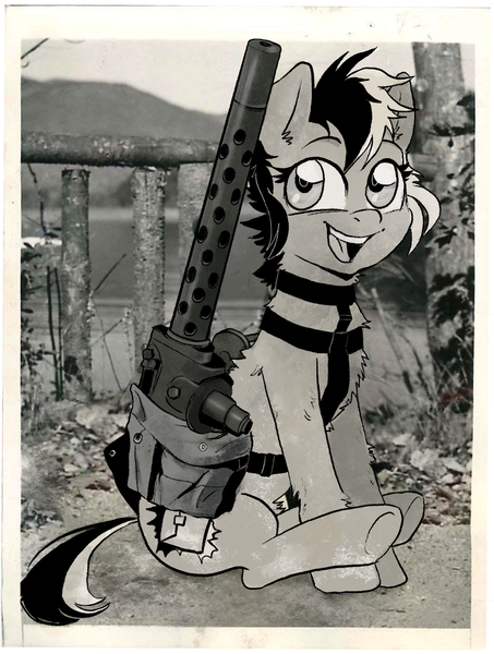 Size: 1352x1789 | Tagged: safe, artist:draw3, derpibooru import, oc, ponified, earth pony, pony, /mlp/, 4chan, bag, browning m1919, cute, drawthread, gun, happy, heavy machine gun, looking at you, machine gun, monochrome, ocbetes, photo, ponified animal photo, saddle bag, sitting, solo, weapon