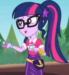 Size: 738x794 | Tagged: safe, derpibooru import, screencap, sci-twi, twilight sparkle, equestria girls, equestria girls series, sunset's backstage pass!, spoiler:eqg series (season 2), clothes, collar, cropped, cute, female, forest, forest background, geode of telekinesis, glasses, hairclip, lidded eyes, logo, magical geodes, music festival outfit, ponytail, pouch, shirt, short sleeves, skirt, smiling, twiabetes, wrist wraps