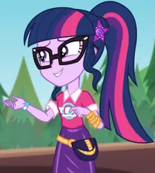 Size: 719x801 | Tagged: safe, derpibooru import, screencap, sci-twi, twilight sparkle, equestria girls, equestria girls series, sunset's backstage pass!, spoiler:eqg series (season 2), clothes, collar, cropped, cute, female, forest, forest background, geode of telekinesis, glasses, hairclip, lidded eyes, logo, magical geodes, music festival outfit, ponytail, pouch, shirt, short sleeves, skirt, smiling, twiabetes, wrist wraps