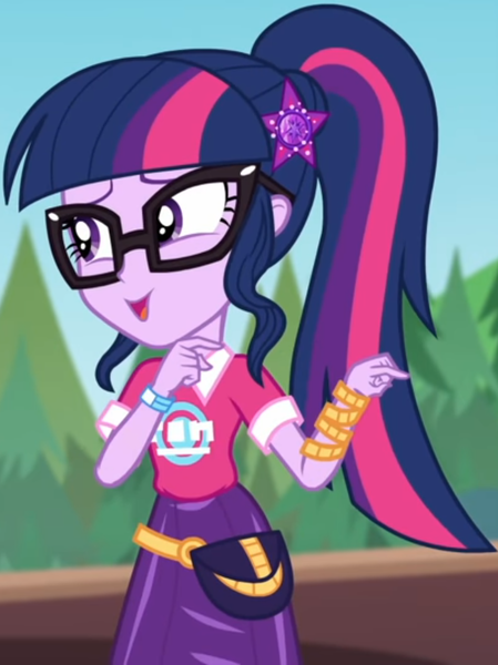 Size: 609x814 | Tagged: safe, derpibooru import, screencap, sci-twi, twilight sparkle, equestria girls, equestria girls series, sunset's backstage pass!, spoiler:eqg series (season 2), clothes, collar, cropped, cute, female, forest, forest background, geode of telekinesis, glasses, hairclip, lidded eyes, logo, magical geodes, music festival outfit, ponytail, pouch, shirt, short sleeves, skirt, smiling, twiabetes, wrist wraps