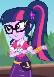 Size: 585x838 | Tagged: safe, derpibooru import, screencap, sci-twi, twilight sparkle, equestria girls, equestria girls series, sunset's backstage pass!, spoiler:eqg series (season 2), clothes, collar, cropped, cute, female, forest, forest background, geode of telekinesis, glasses, hairclip, lidded eyes, magical geodes, music festival outfit, ponytail, pouch, shirt, short sleeves, skirt, smiling, twiabetes, wrist wraps