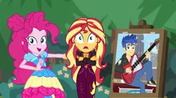 Size: 1280x716 | Tagged: safe, artist:mlpfan3991, derpibooru import, edit, edited screencap, screencap, flash sentry, pinkie pie, sunset shimmer, best trends forever, equestria girls, equestria girls series, sunset's backstage pass!, spoiler:eqg series (season 2), female, flashimmer, geode of empathy, magical geodes, male, music festival outfit, shipping, straight