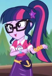 Size: 566x827 | Tagged: safe, derpibooru import, screencap, sci-twi, twilight sparkle, equestria girls, equestria girls series, sunset's backstage pass!, spoiler:eqg series (season 2), clothes, collar, cropped, cute, female, forest, forest background, geode of telekinesis, glasses, hairclip, lidded eyes, logo, magical geodes, music festival outfit, ponytail, pouch, shirt, short sleeves, skirt, smiling, twiabetes, wrist wraps