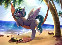 Size: 3000x2172 | Tagged: safe, artist:raranfa, derpibooru import, paradise, oc, oc:star universe, unofficial characters only, crab, pegasus, pony, beach, between legs, coconut, cute, drink, drinking hat, female, food, hammock, hat, looking at you, mare, ocean, palm tree, solo, spread wings, sun, sun ray, sunglasses, sunny, tree, wings