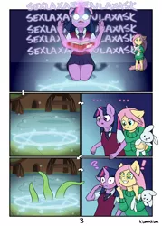 Size: 3114x4354 | Tagged: anthro, artist:kumakum, blushing, clothes, comic, comic:tentacle trouble, derpibooru import, fluttershy, glowing eyes, glowing horn, horn, i've seen enough hentai to know where this is going, kneeling, levitation, magic, magic circle, reading, safe, starry eyes, summoning, summoning circle, sweat, sweater, sweatershy, telekinesis, tentacles, twilight sparkle, unguligrade anthro, varying degrees of want, wide eyes, wingding eyes