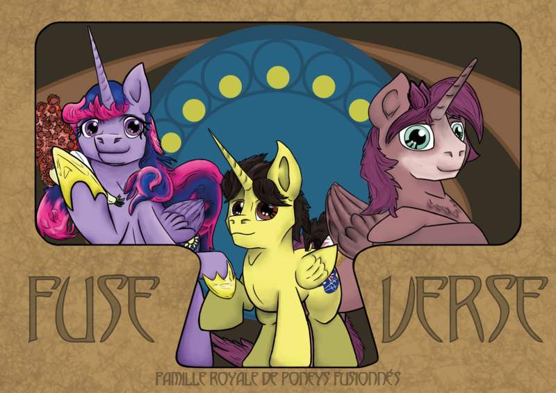 Size: 1920x1358 | Tagged: affiche art nouveau de la famille royal, alicorn, alicorn oc, alicorn princess, artist:khaki-cap, colt, commission, commissioner:bigonionbean, derpibooru import, famille royale de poneys fusionnés, father and child, father and son, female, flower bouquet, foal, french, fusion, fusion:king speedy hooves, fusion:queen galaxia, horn, husband and wife, male, mare, modern art, mother and child, mother and son, nouveau, oc, oc:king speedy hooves, oc:queen galaxia, oc:tommy the human, royal family, safe, stallion, wings