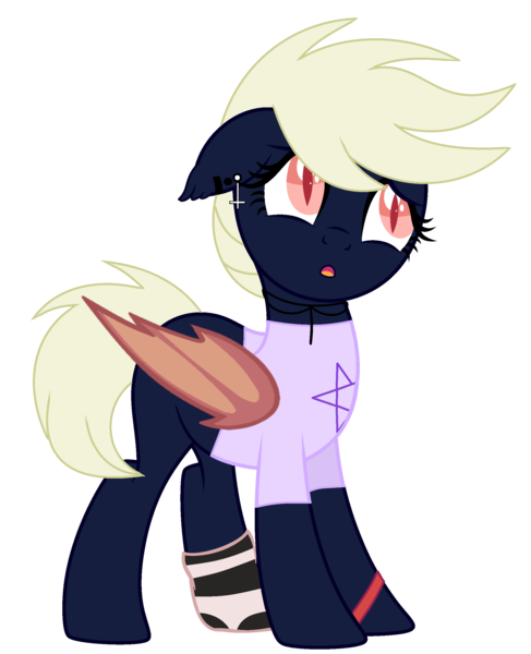 Size: 2009x2473 | Tagged: safe, artist:celestial-rue0w0, artist:lazuli, derpibooru import, oc, oc:sketchy fang, unofficial characters only, bat pony, pony, base used, bat pony oc, bat wings, clothes, commission, ear piercing, earring, female, jewelry, mare, necklace, open mouth, pentagram, piercing, shirt, simple background, socks, solo, striped socks, t-shirt, transparent background, wings, wristband