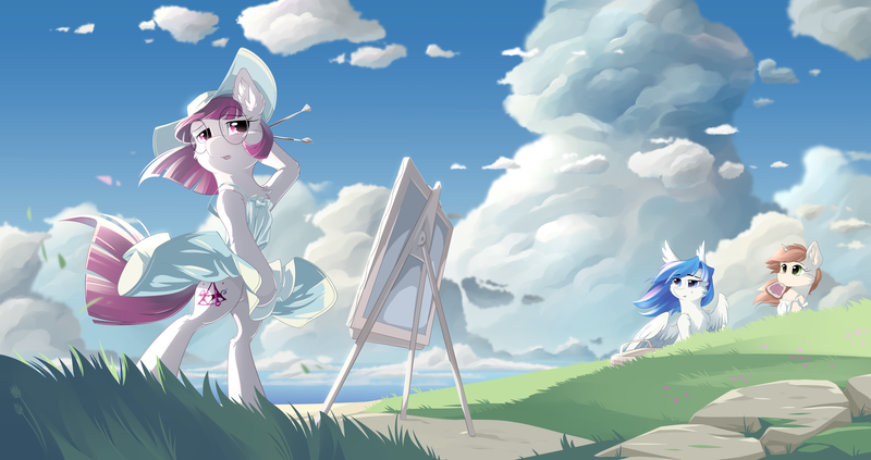 Size: 5300x2800 | Tagged: safe, artist:dreamweaverpony, derpibooru import, oc, oc:lady diamante, oc:lumi, oc:shade, unofficial characters only, earth pony, pegasus, unicorn, absurd resolution, anime style, basket, beautiful, blue eyes, blue hair, blushing, bread, brush, canvas, clothes, cloud, detailed background, dress, earth, female, fluffy, food, glasses, grass, hat, mare, ocean, paintbrush, painting, picnic, picnic basket, red eyes, red hair, red mane, red tail, scar, scenery, skirt, skirt lift, summer, toast, wind, windswept hair, windswept mane, windswept tail