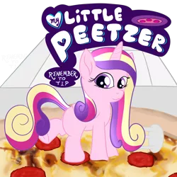Size: 5000x5000 | Tagged: safe, alternate version, artist:poniidesu, derpibooru import, princess cadance, alicorn, pony, /mlp/, 4chan, blank flank, cadance's pizza delivery, cute, cutedance, drawthread, female, filly, food, logo, meat, peetzer, pepperoni, pepperoni pizza, pizza, pizza box, simple background, solo, text, tiny, tiny ponies, transparent background, underhoof, younger