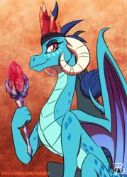 Size: 1137x1588 | Tagged: artist:inuhoshi-to-darkpen, bloodstone scepter, crown, derpibooru import, dragon, dragon crown, dragoness, dragon lord ember, female, jewelry, older, older ember, orange background, princess ember, regalia, safe, simple background, solo