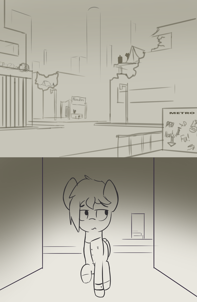 Size: 1500x2304 | Tagged: safe, artist:triplesevens, derpibooru import, oc, pony, city, colt, cyberpunk, cyoa, description is relevant, destroyed building, ghetto, male, metro, monochrome, nil quest, silhouette, story included, tents, underground
