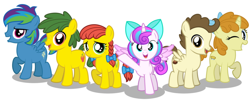 Size: 3000x1215 | Tagged: alternate mane six, artist:aleximusprime, bow, colt, cute, derpibooru import, female, filly, flurrybetes, flurry heart's story, friends, kids, male, next generation, next gen mane six, oc, oc:annie smith, oc:apple chip, oc:storm streak, offspring, older, older flurry heart, older pound cake, older pumpkin cake, parent:applejack, parent:oc:thunderhead, parent:rainbow dash, parents:canon x oc, parents:texjack, parent:tex, pigtails, poundabetes, pound cake, princess flurry heart, pumpkinbetes, pumpkin cake, safe, simple background, transparent background