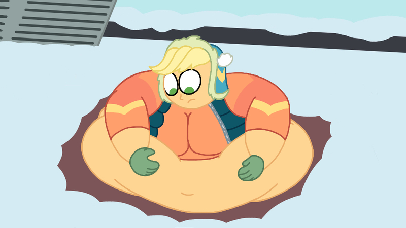 Size: 1024x576 | Tagged: suggestive, artist:jamesawilliams1996, derpibooru import, applejack, series:retrieving fluttershy's homework, equestria girls, applefat, bbw, belly, belly button, big belly, big breasts, breasts, canterlot high, clothes, fat, female, gloves, huge belly, morbidly obese, obese, roof, snow, solo, solo female, squishy, ssbbw, story included, stuck, too fat, too fat to fit, too fat to get through, winter, winter hat, winter outfit