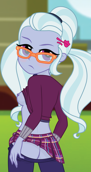 Size: 3200x6000 | Tagged: questionable, artist:rosemile mulberry, derpibooru import, sugarcoat, equestria girls, ass, blushing, breasts, busty sugarcoat, butt, clothes, crystal prep academy uniform, female, leggings, looking at you, looking back, looking back at you, mooning, nipples, nudity, open clothes, outdoors, pants, pants down, pigtails, plaid skirt, pleated skirt, school uniform, sexy, shirt, shirt lift, show accurate, show accurate porn, sideboob, skirt, skirt lift, solo, solo female, stupid sexy sugarcoat, sugarcheeks, sugarcoat is not amused, twintails, unamused