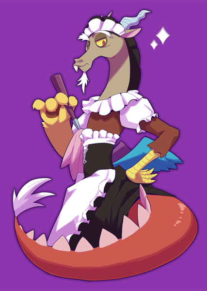 Size: 640x900 | Tagged: artist:vish4ow, artist:yow, clothes, crossdressing, derpibooru import, discord, draconequus, dress, duster, hand on hip, maid, maid discord, male, one eye closed, princess twilight sparkle (episode), purple background, safe, simple background, solo