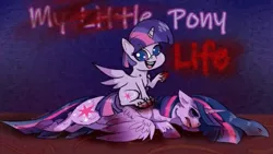 Size: 1502x848 | Tagged: grimdark, artist:eris stargon, derpibooru import, princess twilight 2.0, twilight sparkle, twilight sparkle (alicorn), alicorn, pony, my little pony: pony life, the last problem, blood, creepy, death, horn, looking at you, murder, needs more jpeg, older, older twilight, raised hoof, self ponidox, unshorn fetlocks, wings