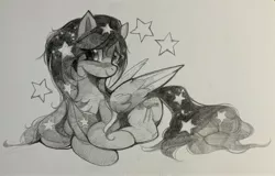 Size: 3716x2385 | Tagged: safe, artist:share dast, derpibooru import, oc, oc:star universe, unofficial characters only, pegasus, pony, blushing, ethereal mane, female, laying on stomach, looking at you, mare, monochrome, pencil drawing, smiling, solo, stars, traditional art